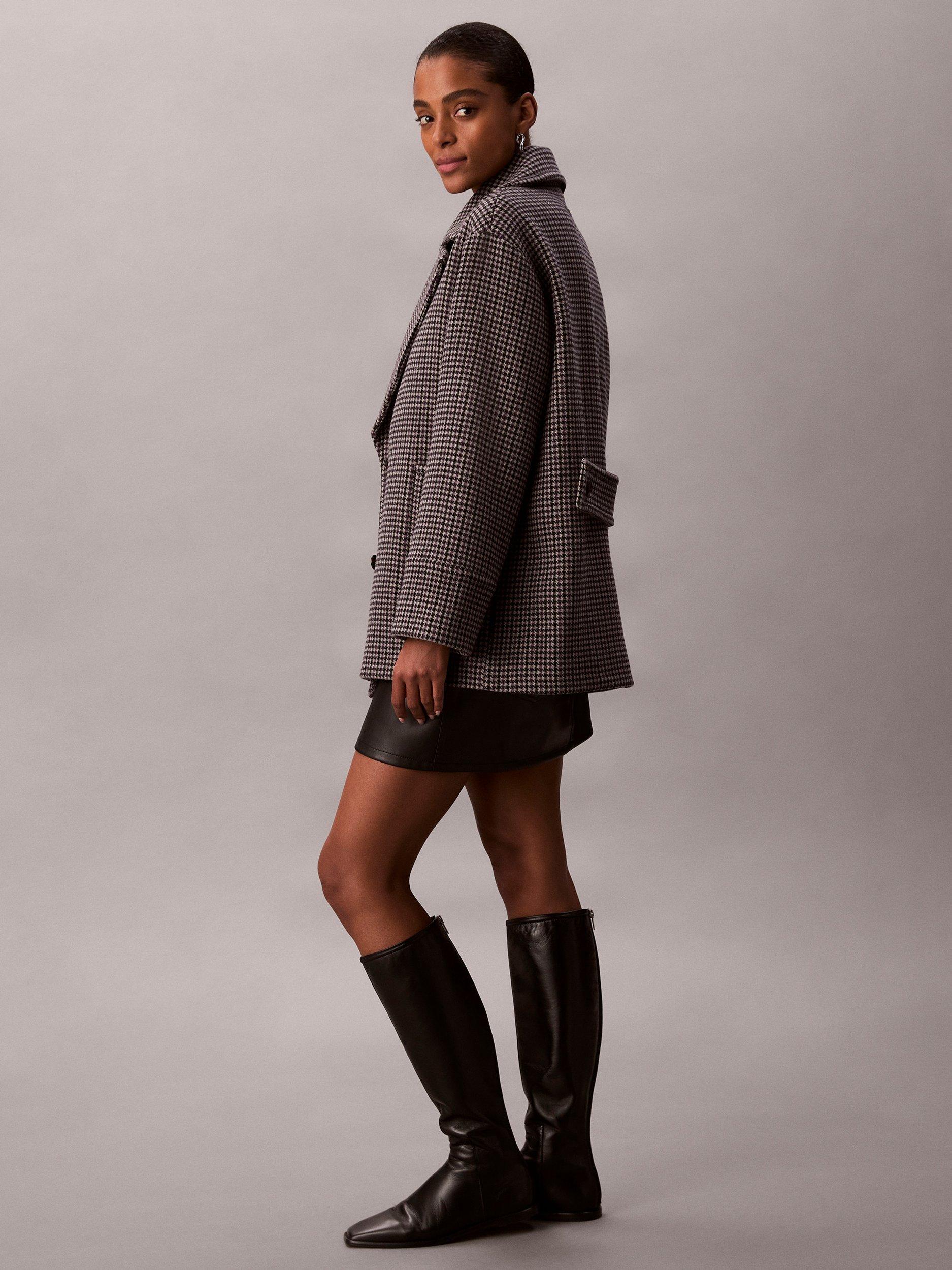 Product image 4 of 7, which shows Calvin Klein Houndstooth Wool Rich Pea Coat, Brown, XXS