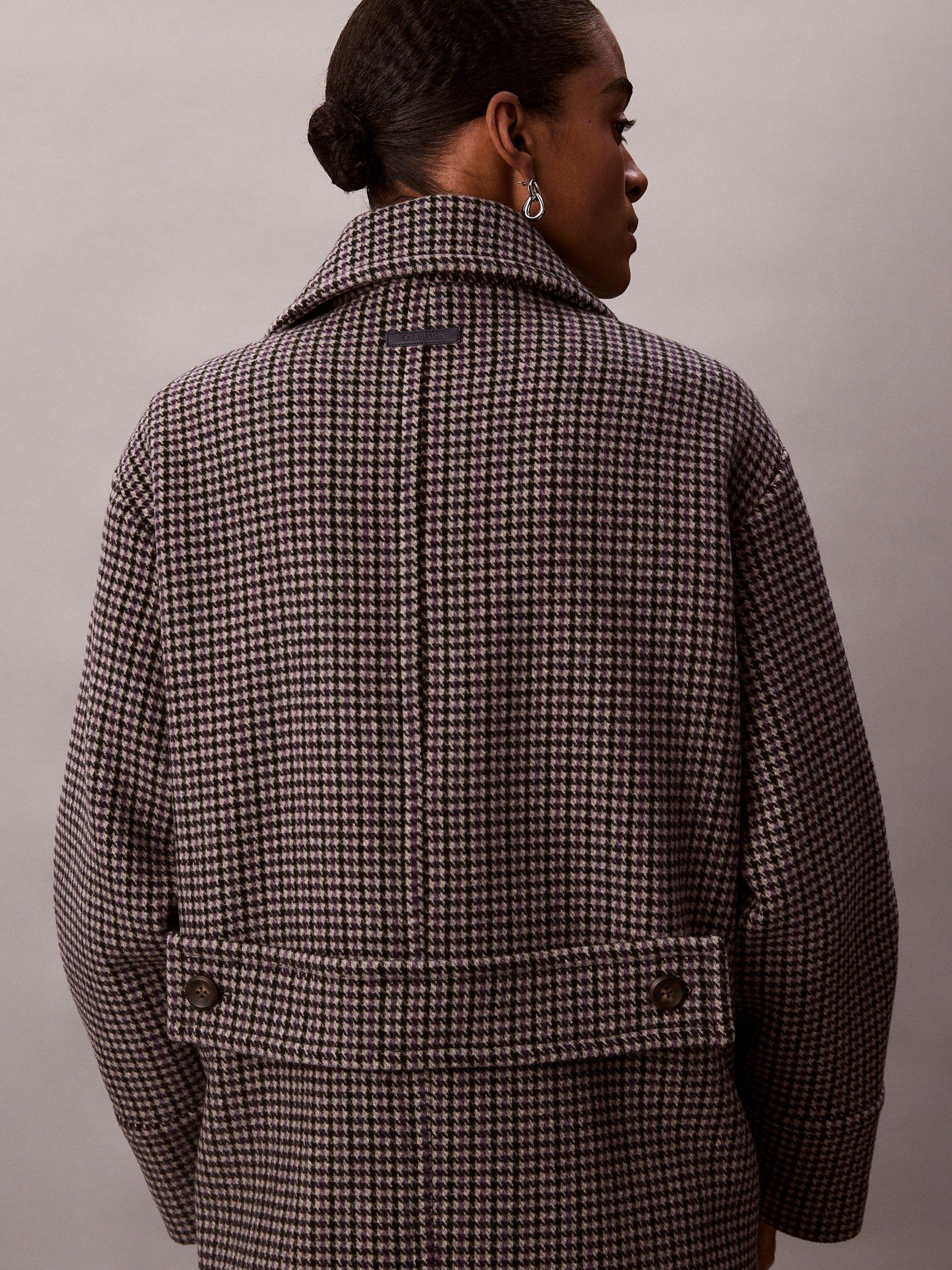 Product image 6 of 7, which shows Calvin Klein Houndstooth Wool Rich Pea Coat, Brown, XXS