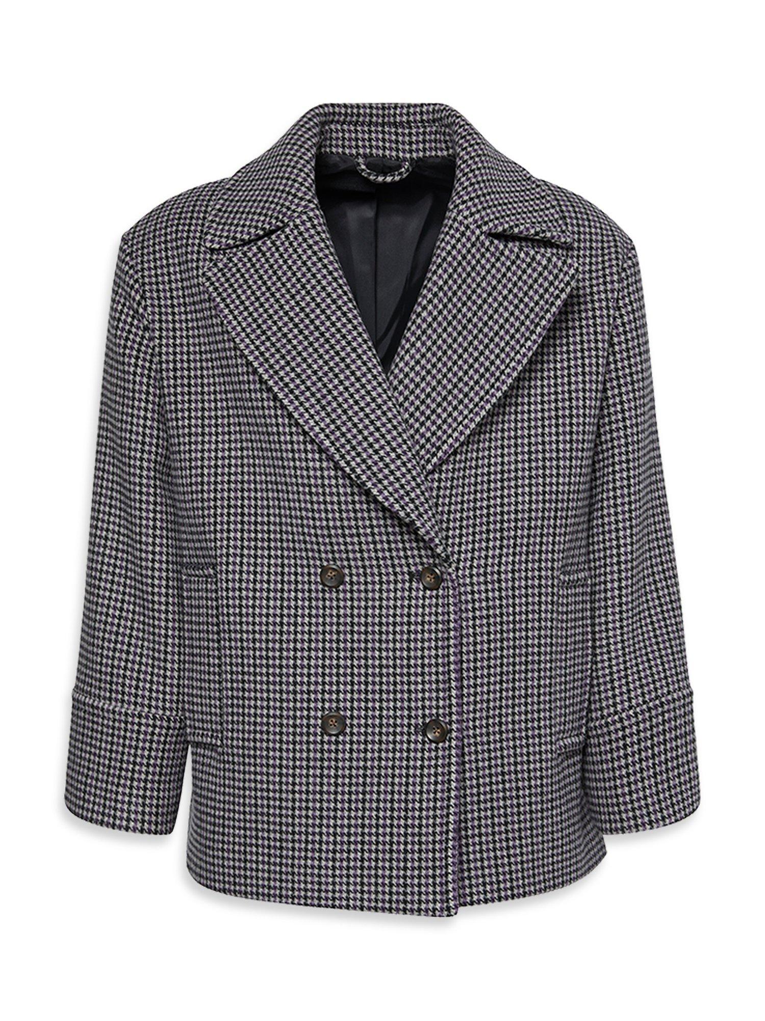 Product image 7 of 7, which shows Calvin Klein Houndstooth Wool Rich Pea Coat, Brown, XXS