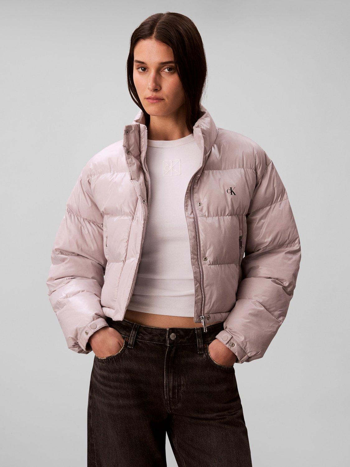 Product image 1 of 6, which shows Calvin Klein Shine Crop Puffer Jacket, Gull Gray, XXS