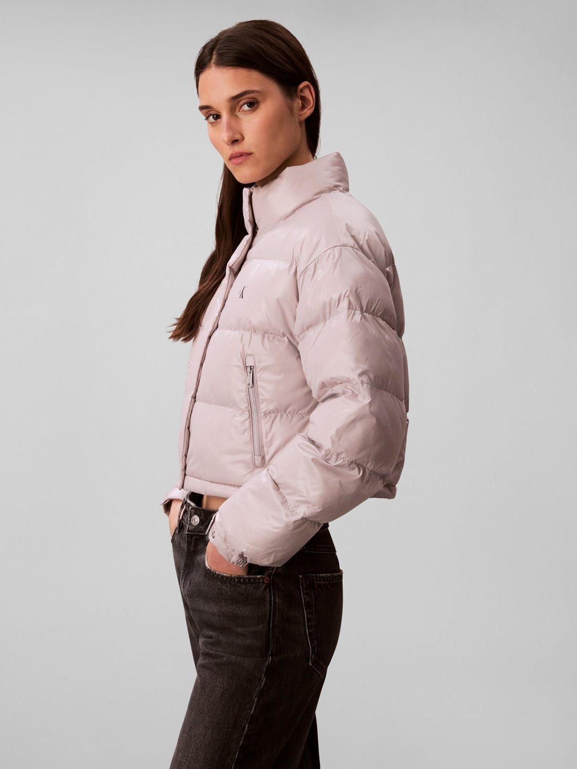 Product image 4 of 6, which shows Calvin Klein Shine Crop Puffer Jacket, Gull Gray, XXS