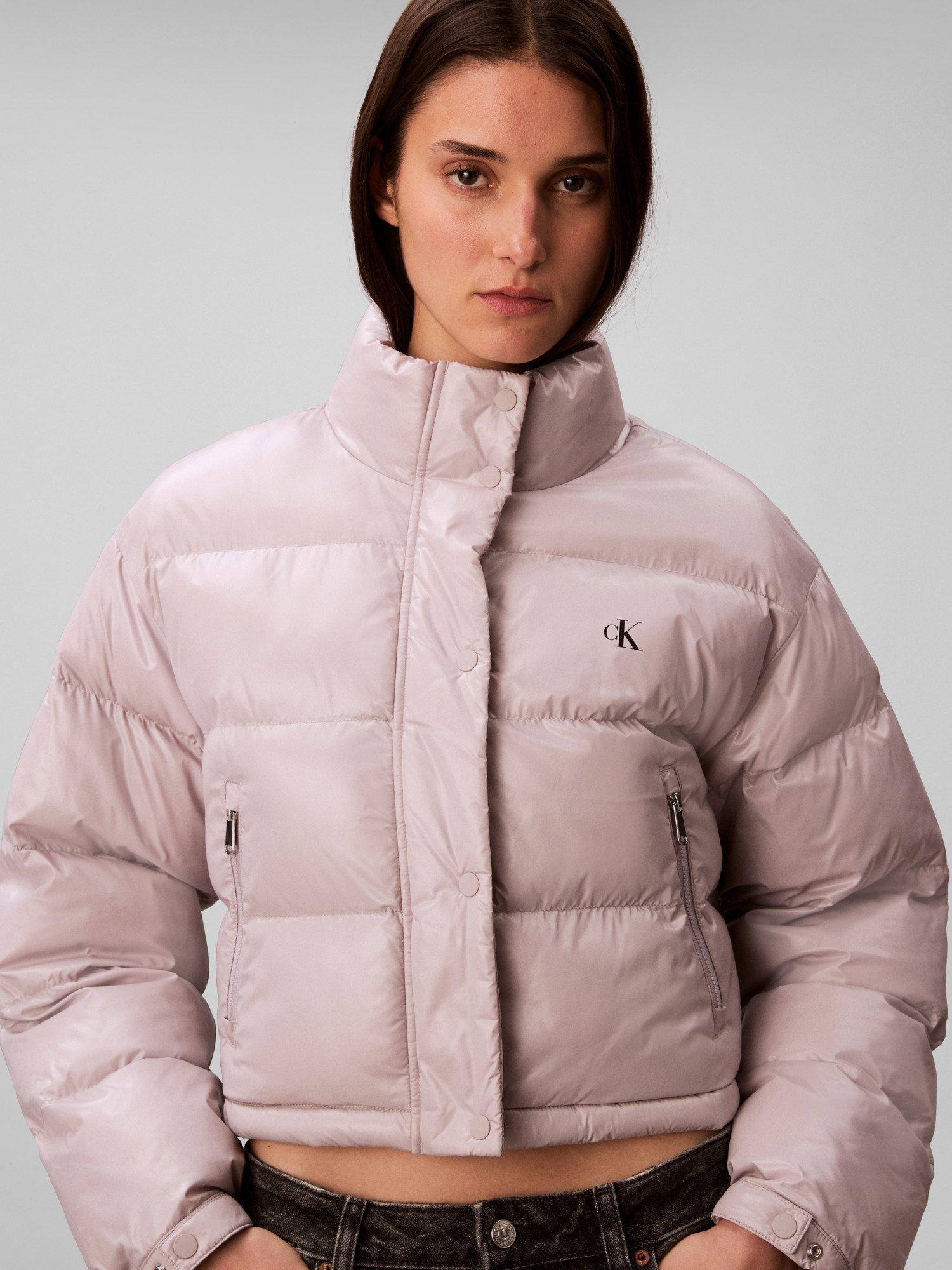 Product image 5 of 6, which shows Calvin Klein Shine Crop Puffer Jacket, Gull Gray, XXS