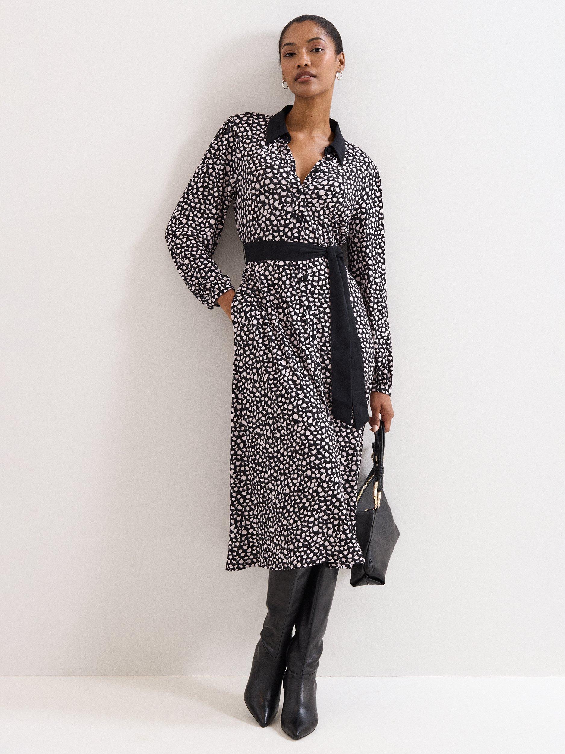 Product image 1 of 9, which shows Phase Eight Florence Shirt Dress, Black/White, 6