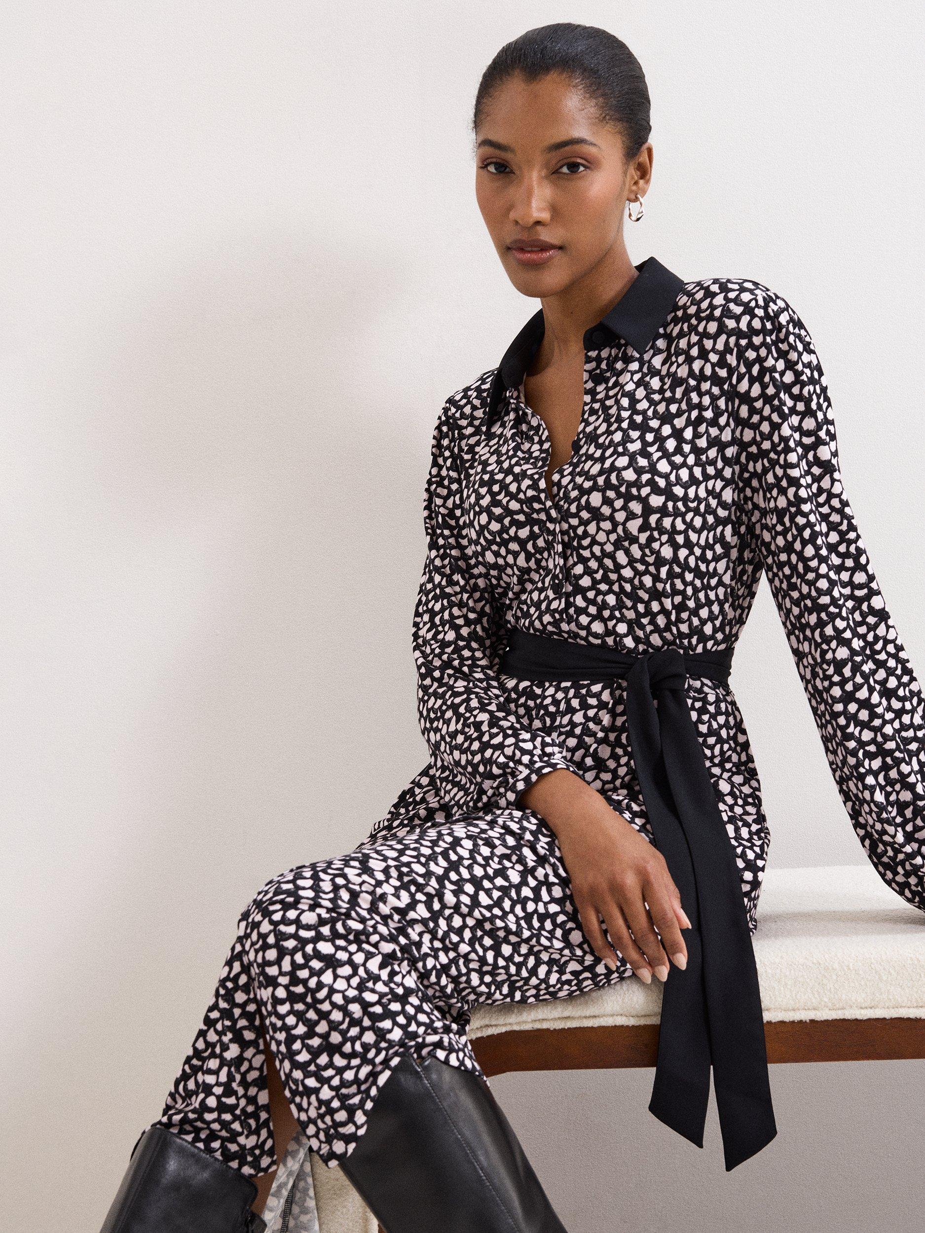 Product image 4 of 9, which shows Phase Eight Florence Shirt Dress, Black/White, 6