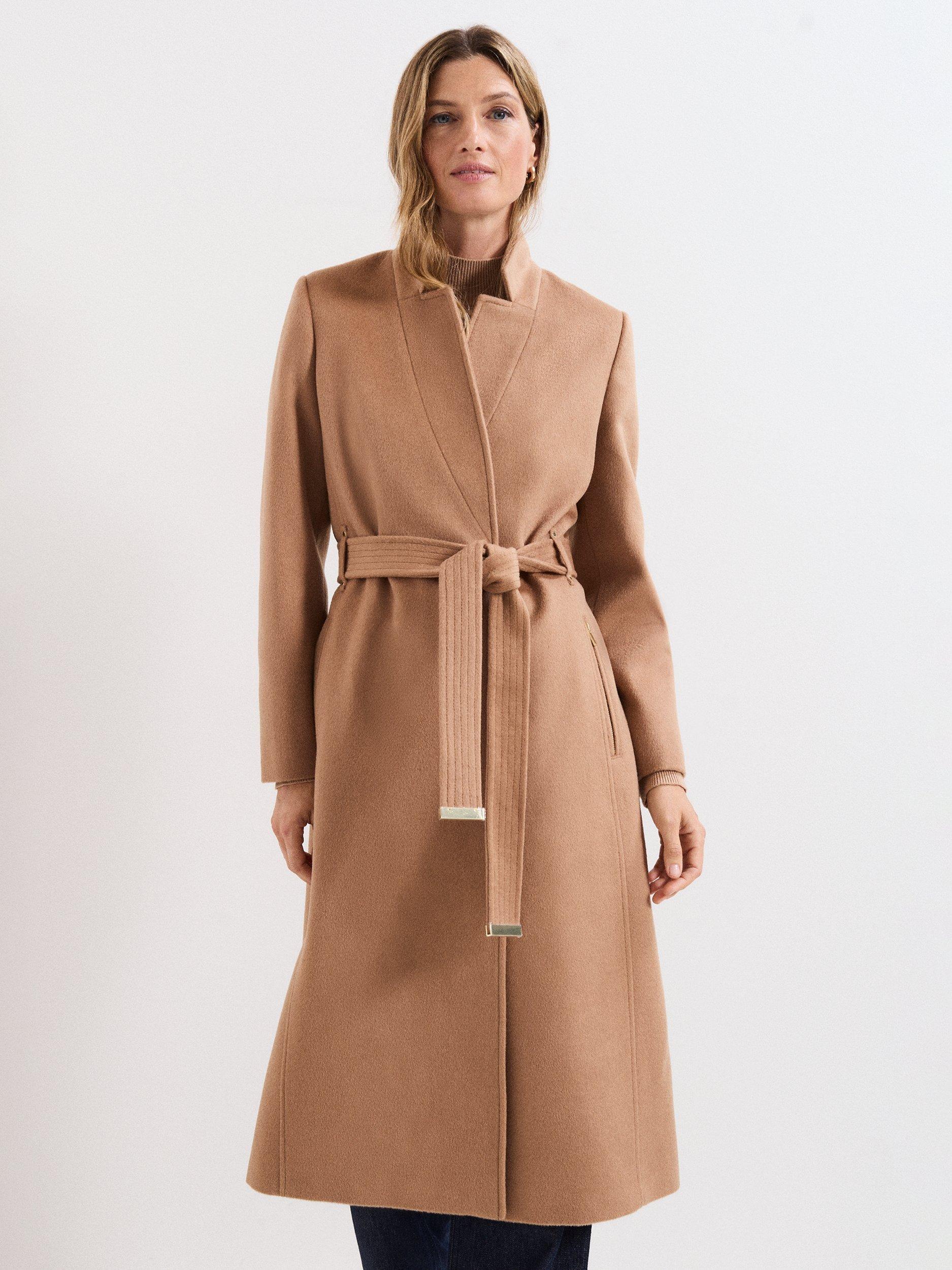 Product image 1 of 10, which shows Phase Eight Charlotte Belted Wool Rich Coat, Camel, 8