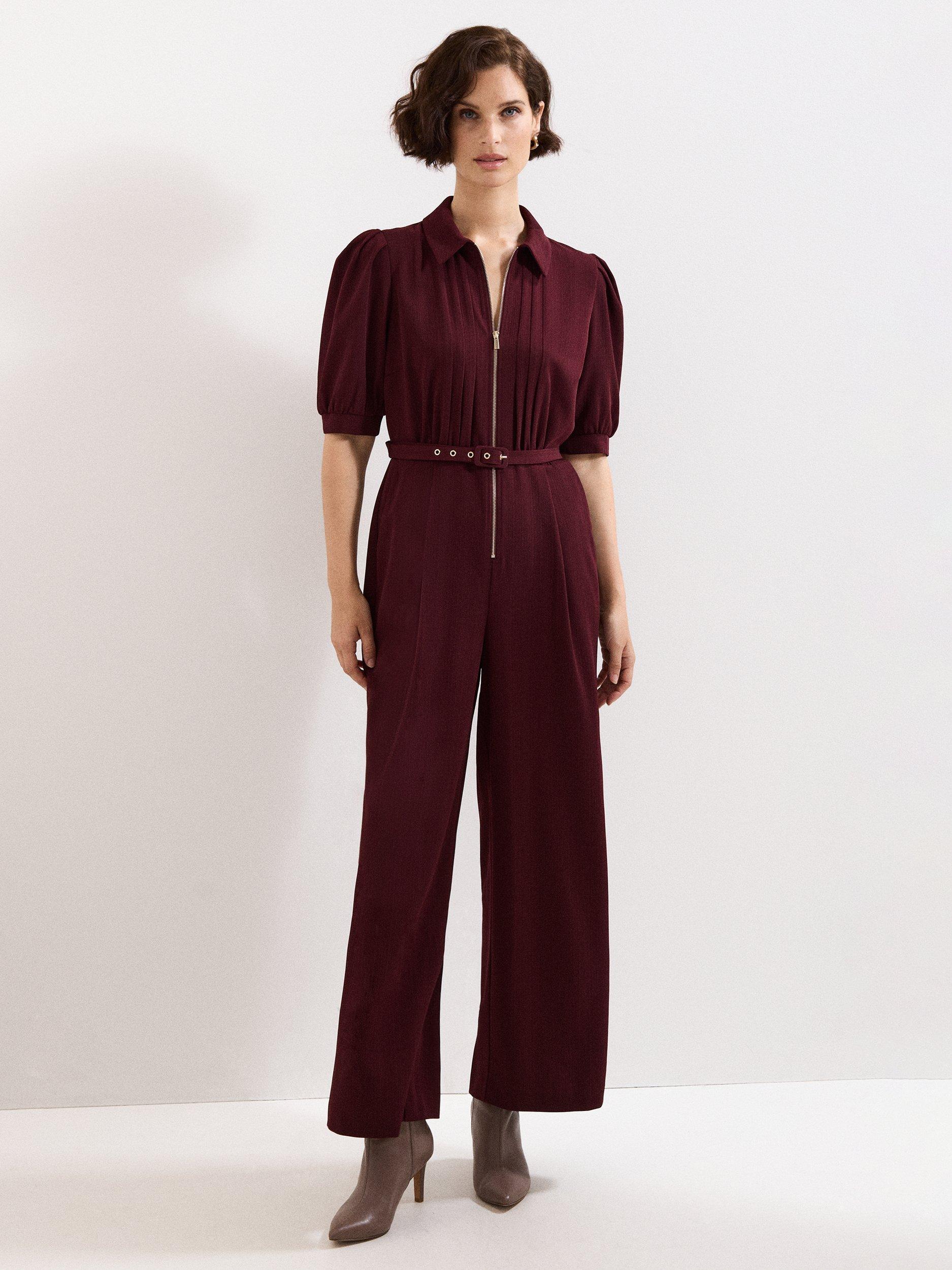 Product image 1 of 8, which shows Phase Eight Petite Candice Belted Jumpsuit, Burgundy, 6