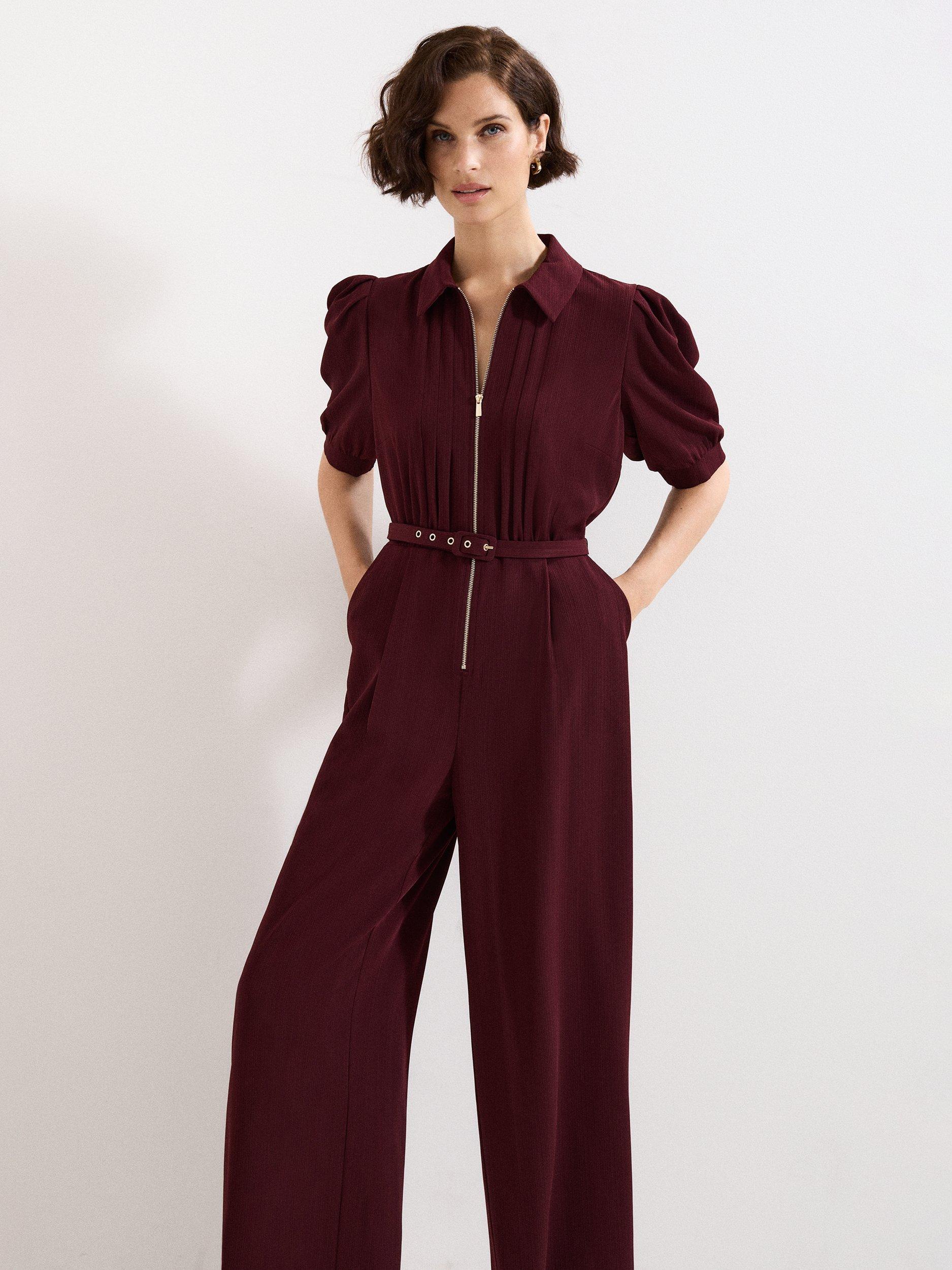 Product image 3 of 8, which shows Phase Eight Petite Candice Belted Jumpsuit, Burgundy, 6