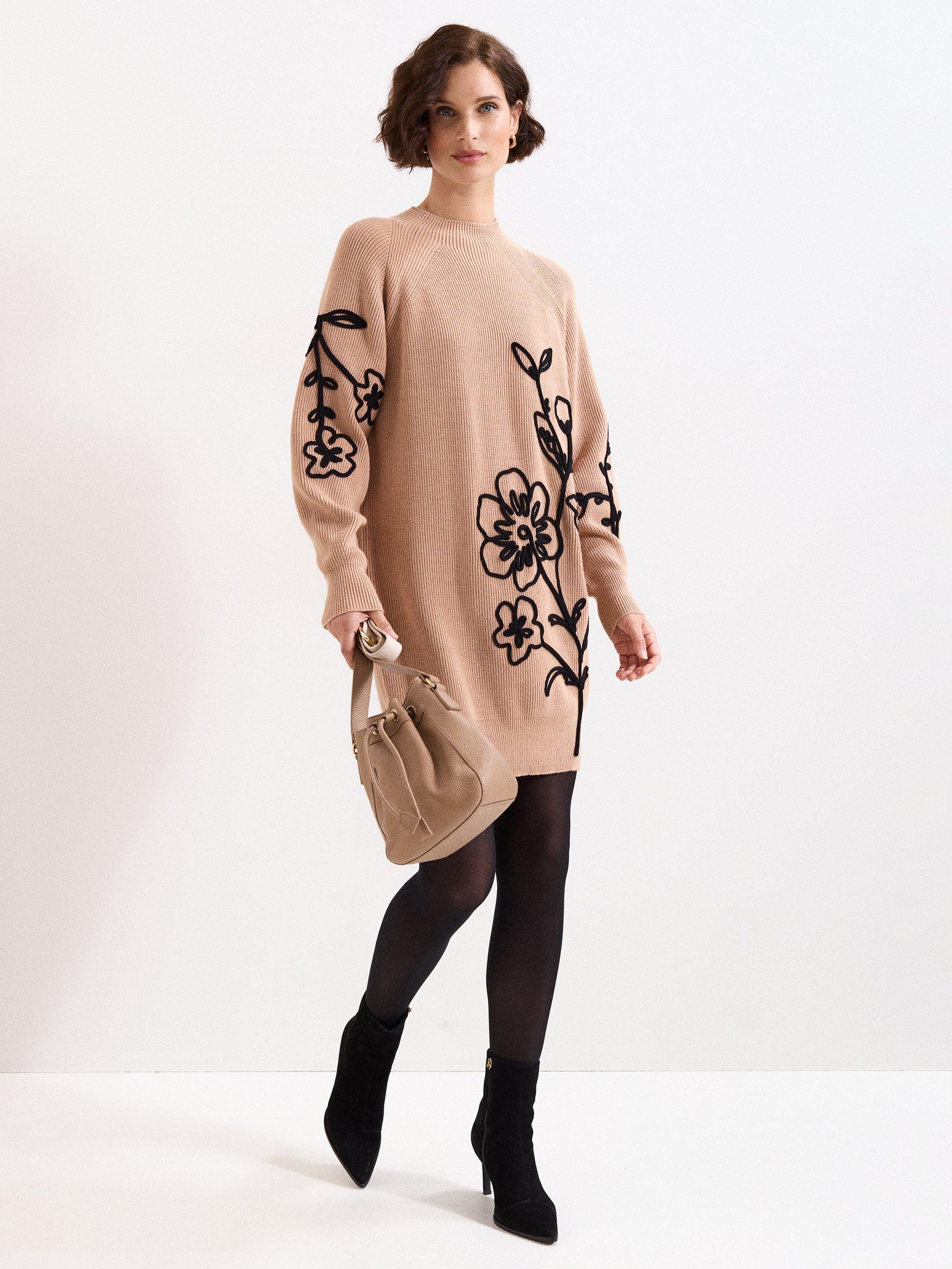 Product image 1 of 7, which shows Phase Eight Rosa Embroidered Floral Jumper, Tan, 8