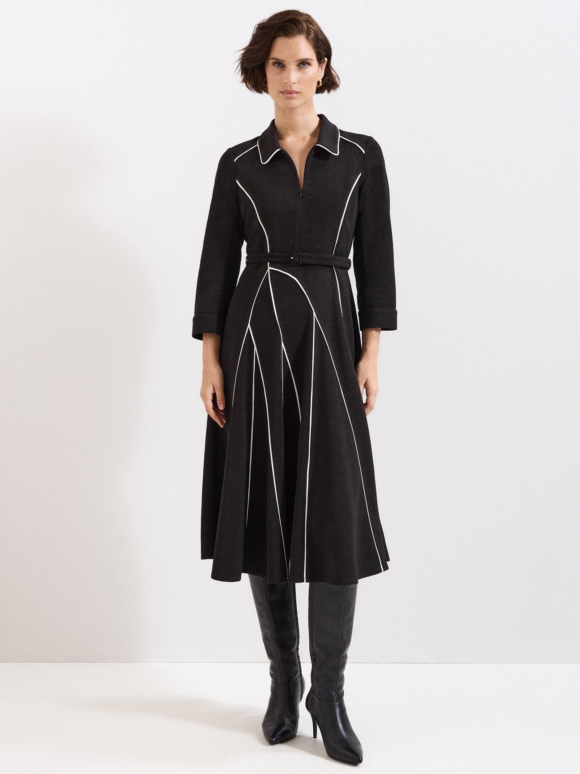 Product image 1 of 8, which shows Phase Eight Tilly Contrast Trim Dress, Black/Ivory, 6