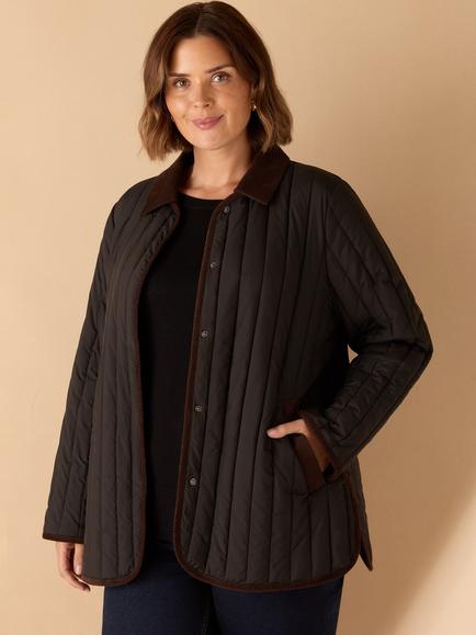 Live Unlimited Curve Corduroy Collar Quilted Jacket, Black - view 2, Black