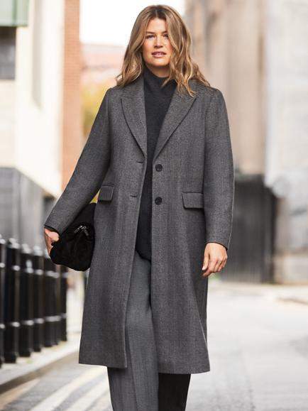 Live Unlimited Curve Herringbone Longline Wool Rich Coat, Grey, Grey