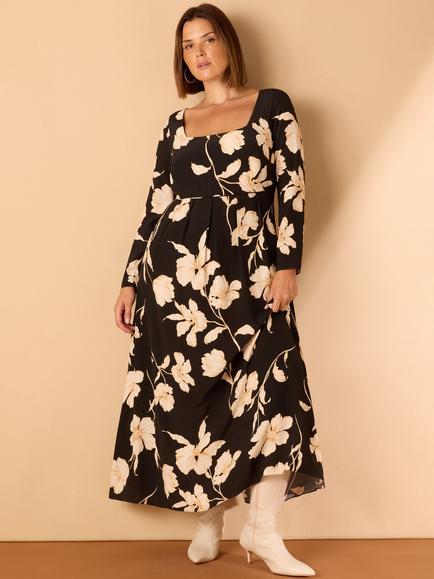 Live Unlimited Curve Floral Square Neck Dress, Black, Black
