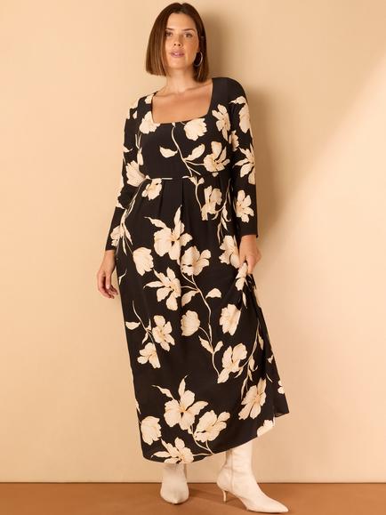 Live Unlimited Curve Floral Square Neck Dress, Black - view 2, Black