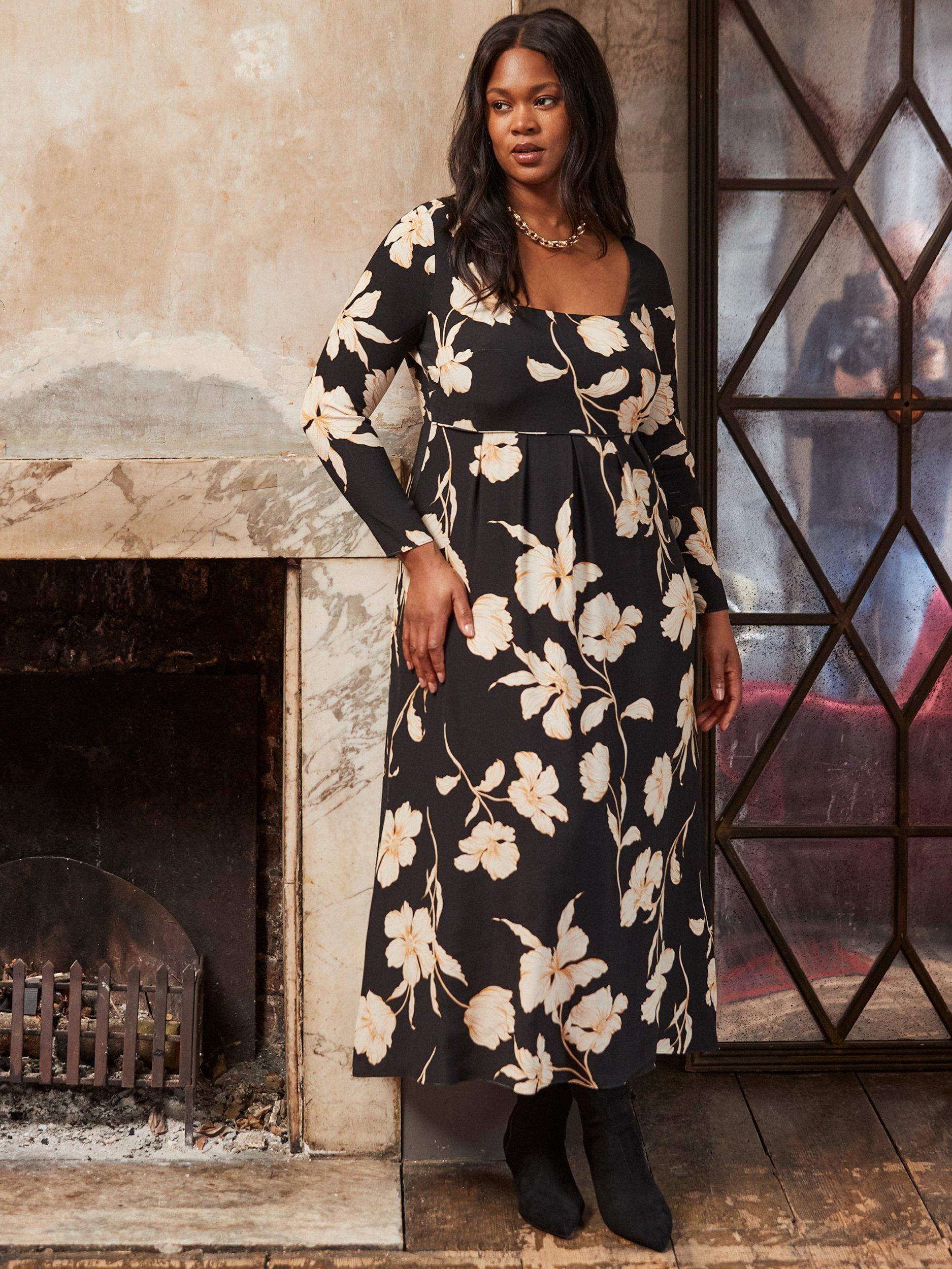 Live Unlimited Curve Floral Square Neck Dress, Black