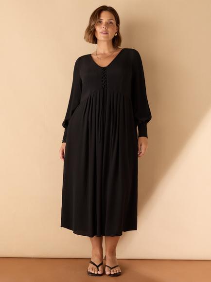 Live Unlimited Curve Lace Up Blouson Sleeve Midi Dress, Black - view 2, Black