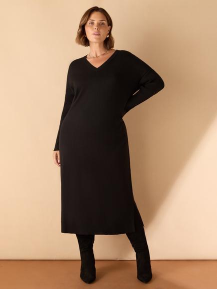Live Unlimited Curve V-Neck Knit Jumper Dress, Black - view 2, Black