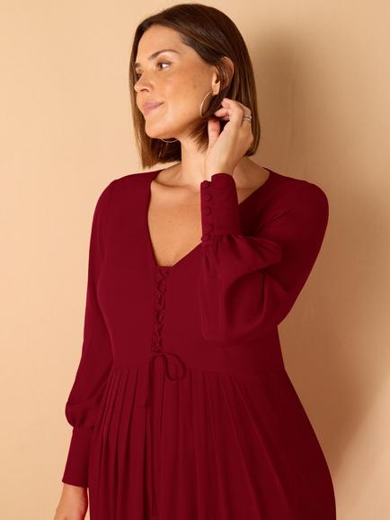 Live Unlimited Lace Up Blouson Sleeve Midi Dress - view 2, Red