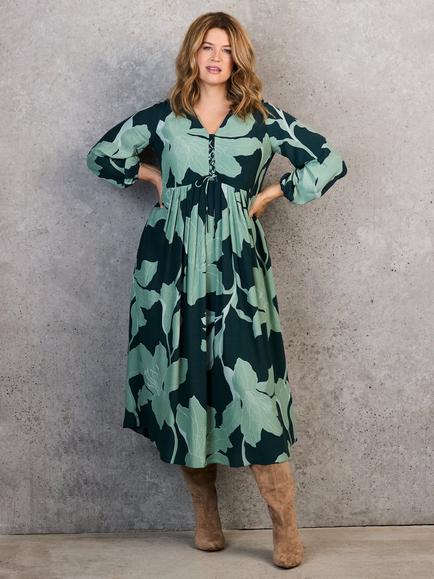 Live Unlimited Curve Tie Front Floral Midaxi Dress, Green - view 2, Green