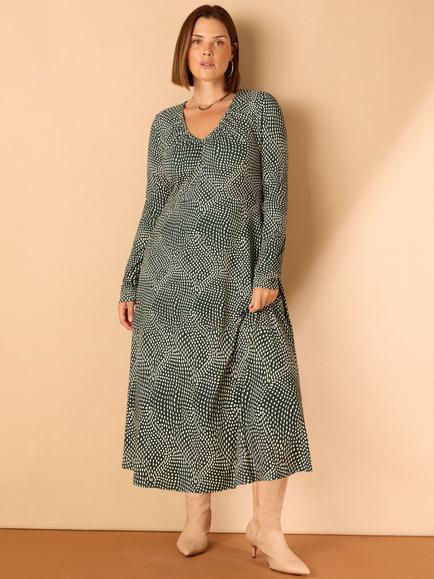 Live Unlimited Spot Print Gathered V Neck Jersey Midaxi Dress, Green