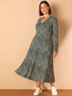 Live Unlimited Spot Print Gathered V Neck Jersey Midaxi Dress - view 2, Green