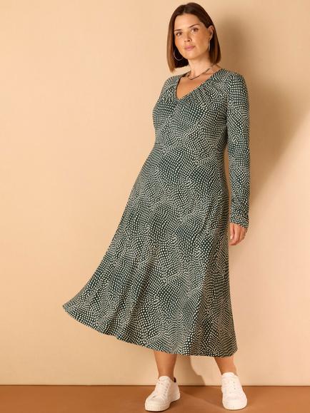 Live Unlimited Spot Print Gathered V Neck Jersey Midaxi Dress - view 2, Green