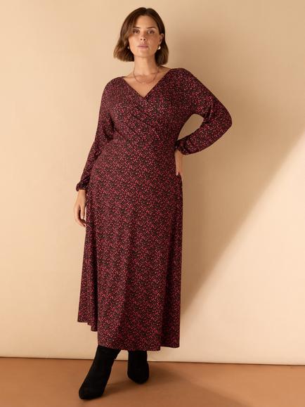 Live Unlimited Ditsy Puff Sleeve Pleated Midi Wrap Dress, Red