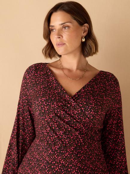 Live Unlimited Ditsy Puff Sleeve Pleated Midi Wrap Dress - view 2, Red