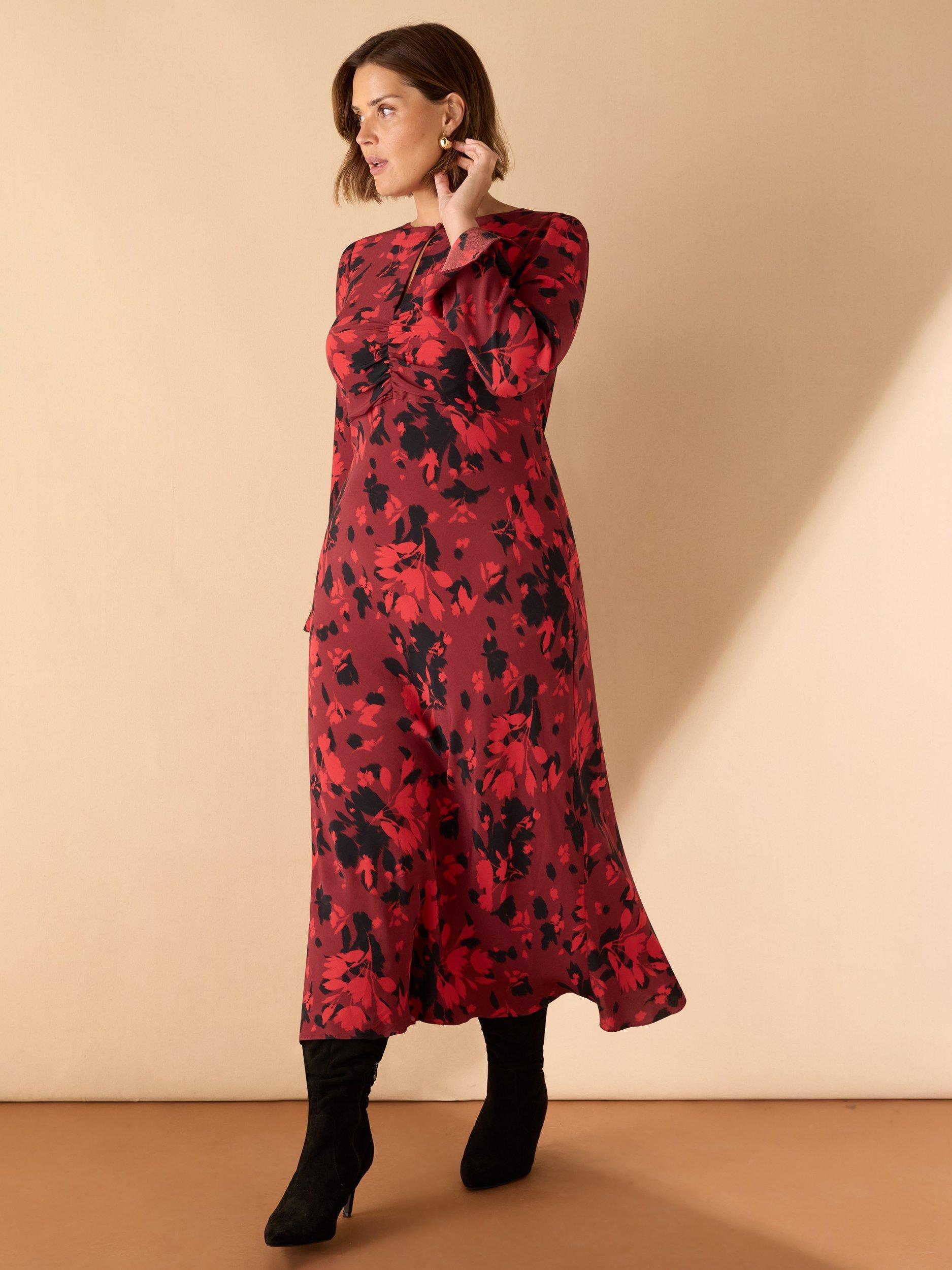 Product image 2 of 8, which shows Live Unlimited Abstract Print Ruched Front Maxi Dress, Red, 12
