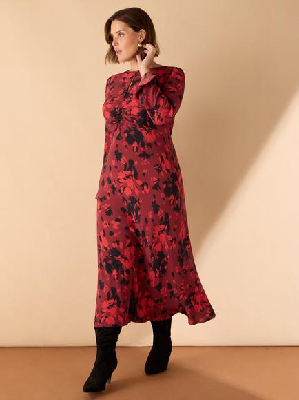 Live Unlimited Abstract Print Ruched Front Maxi Dress - view 2, Red
