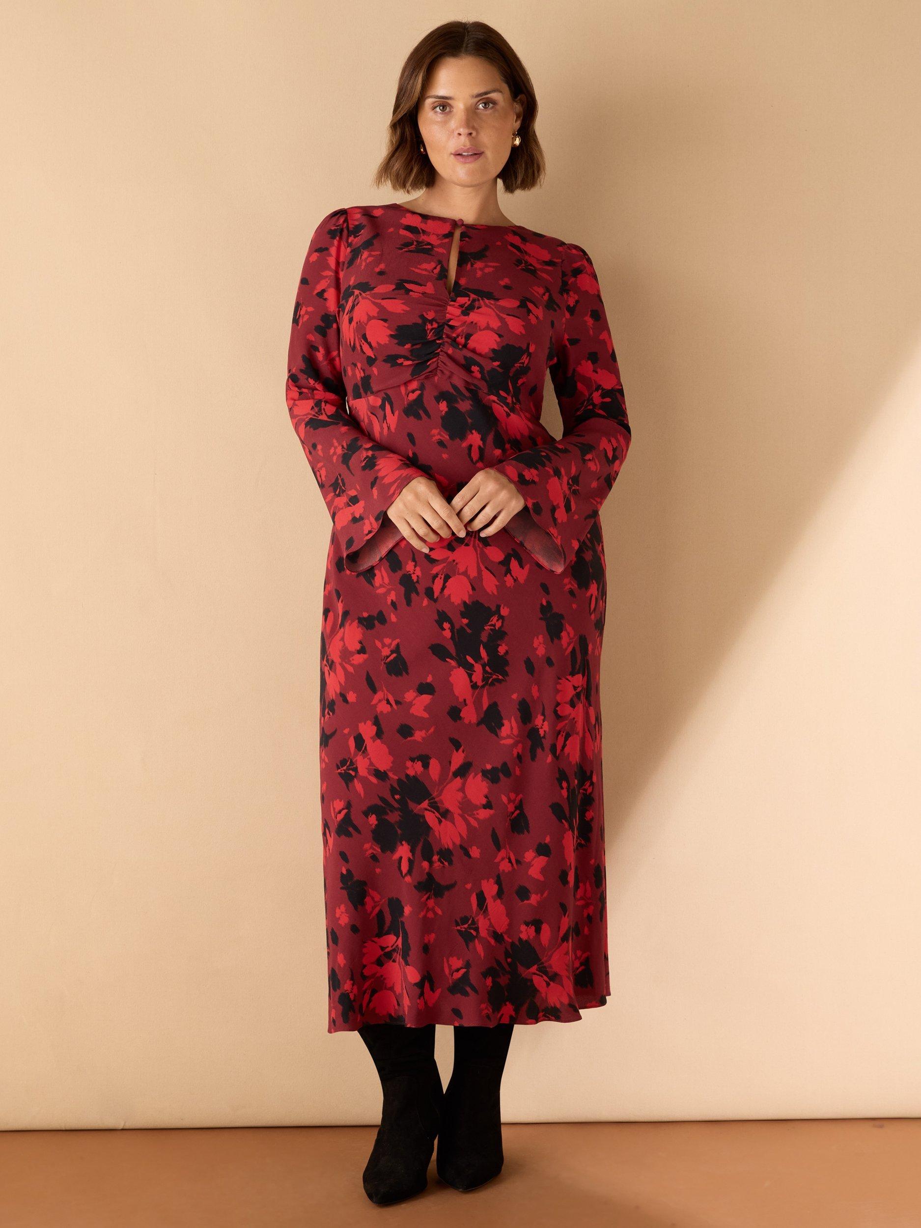 Product image 3 of 8, which shows Live Unlimited Abstract Print Ruched Front Maxi Dress, Red, 12