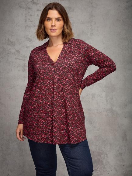 Live Unlimited Floral Long Sleeve Collar Jersey Top, Red