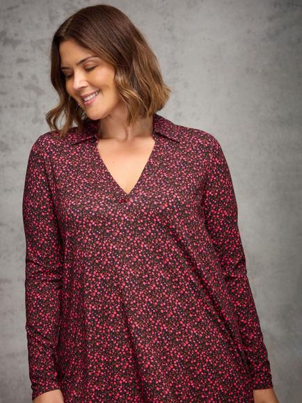 Live Unlimited Floral Long Sleeve Collar Jersey Top - view 2, Red