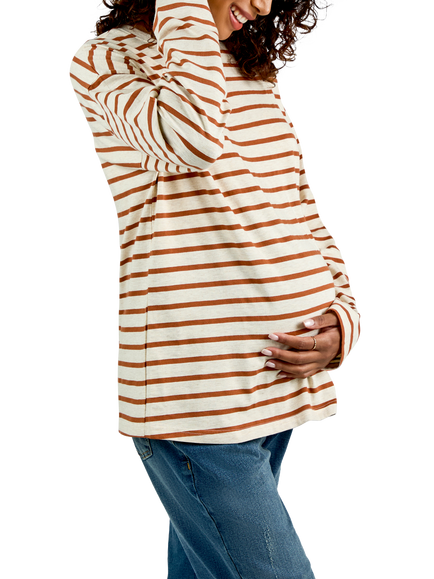 JoJo Maman Bébé Cotton Stripe Maternity Long Sleeve Round Neck T-Shirt, Oatmeal