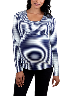 JoJo Maman Bébé Cotton Blend Stripe Long Sleeve Round Neck Maternity T-Shirt, Pack of 2, Navy/Ecru