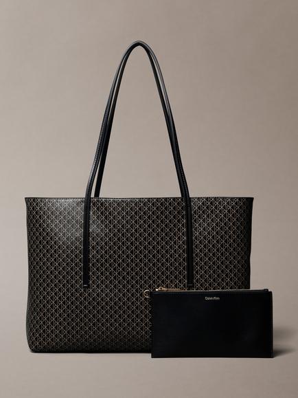 Calvin Klein Monogram Logo Tote Bag with Pouch, Black, Black