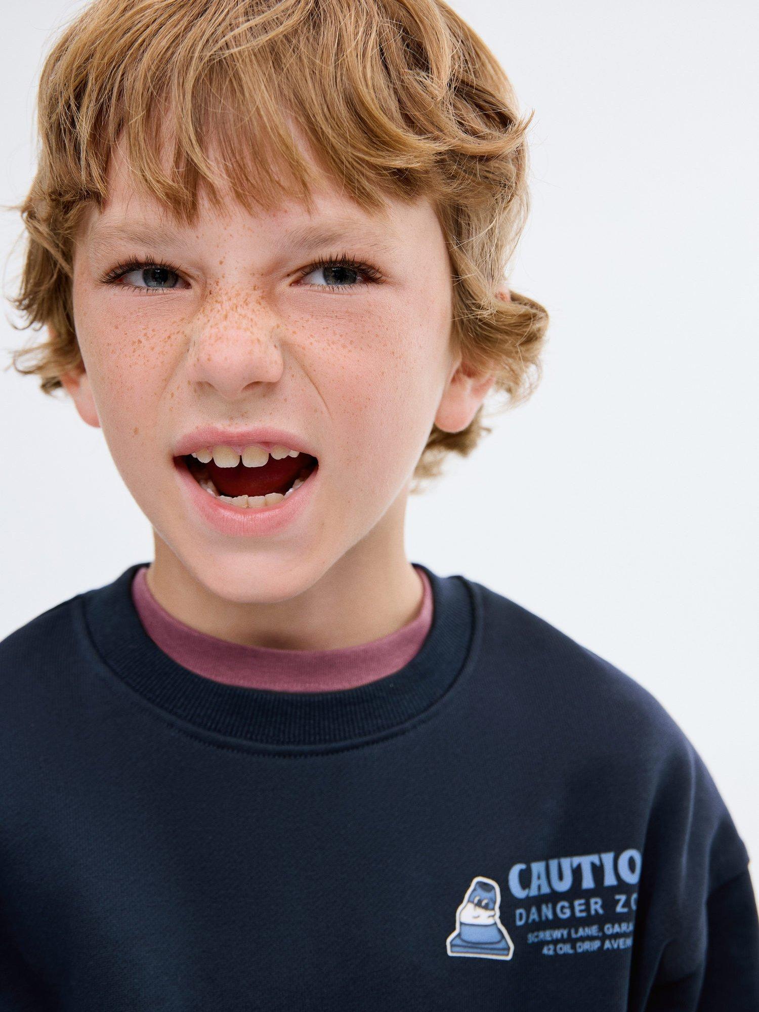 Product image 1 of 6, which shows Mango Kids' Cotton Crew Neck Back Print Sweatshirt, Navy, 9-10 years