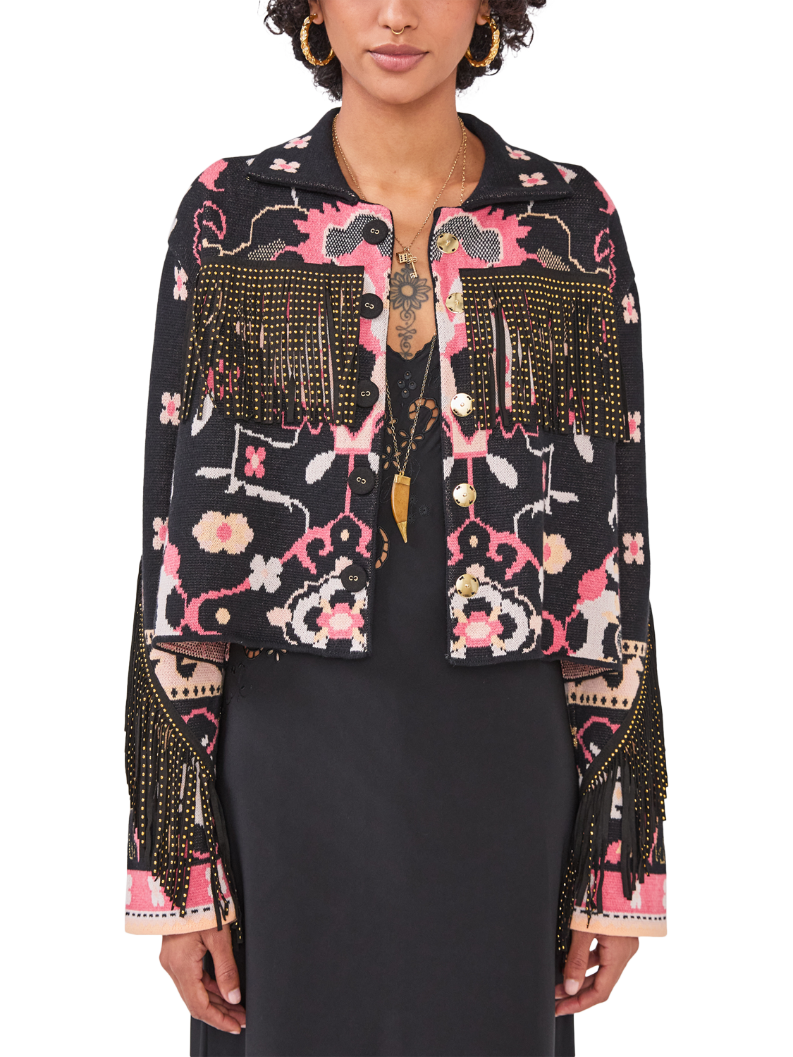 Product image 1 of 9, which shows Hayley Menzies Desert Loom Jacket, Black/Multi, S