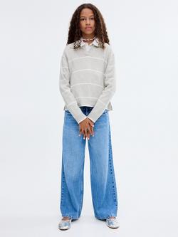 Mango Kids' Katie Cotton Blend Striped Polo Jumper, Light Pastel Grey - view 2, Light Pastel Grey