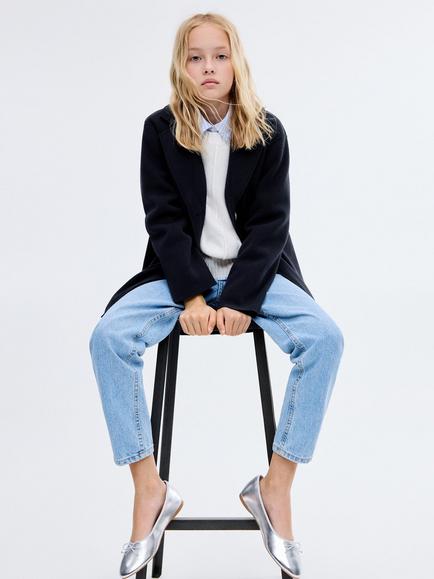 Mango Kids' Carla Single Breasted Midi Coat, Navy, Navy