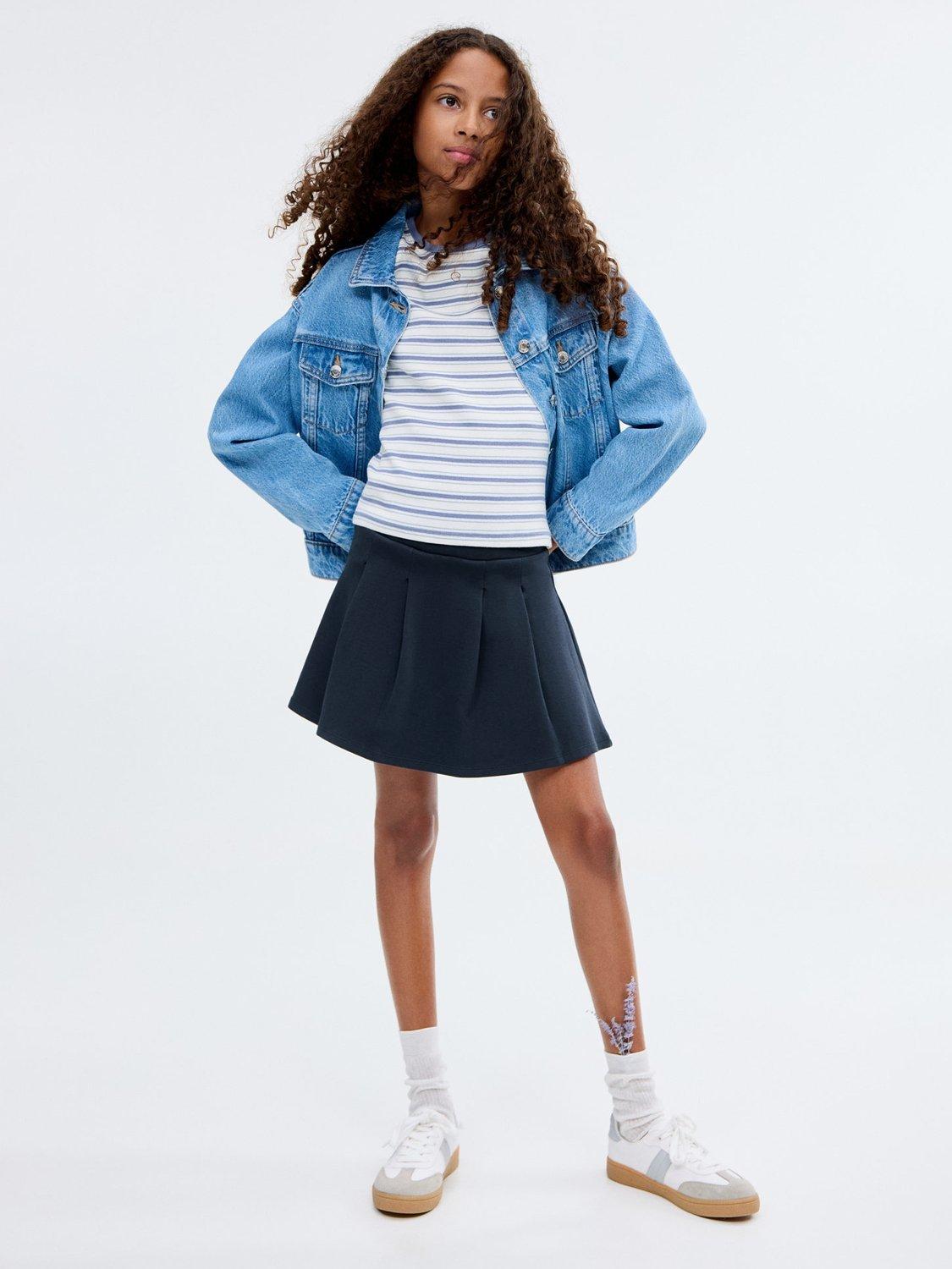 Product image 1 of 7, which shows Mango Kids' Cotton Blend Folded Tab Skirt, Navy, 11-12 years