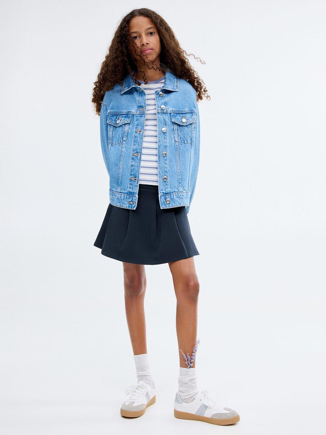 Product image 2 of 7, which shows Mango Kids' Cotton Blend Folded Tab Skirt, Navy, 11-12 years