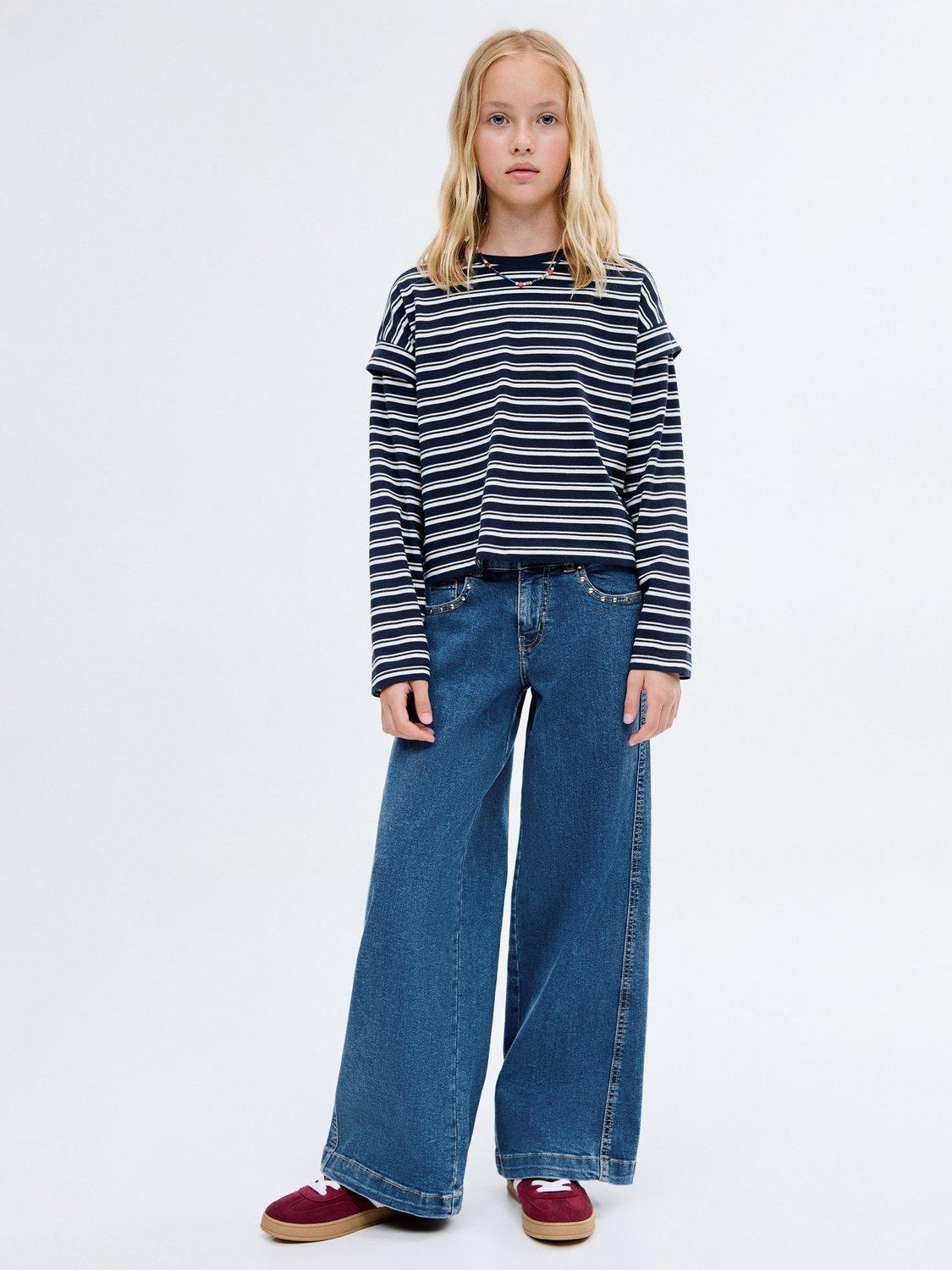 Product image 1 of 5, which shows Mango Kids' Low Rise Wide Leg Studded Jeans, Open Blue, 10 years