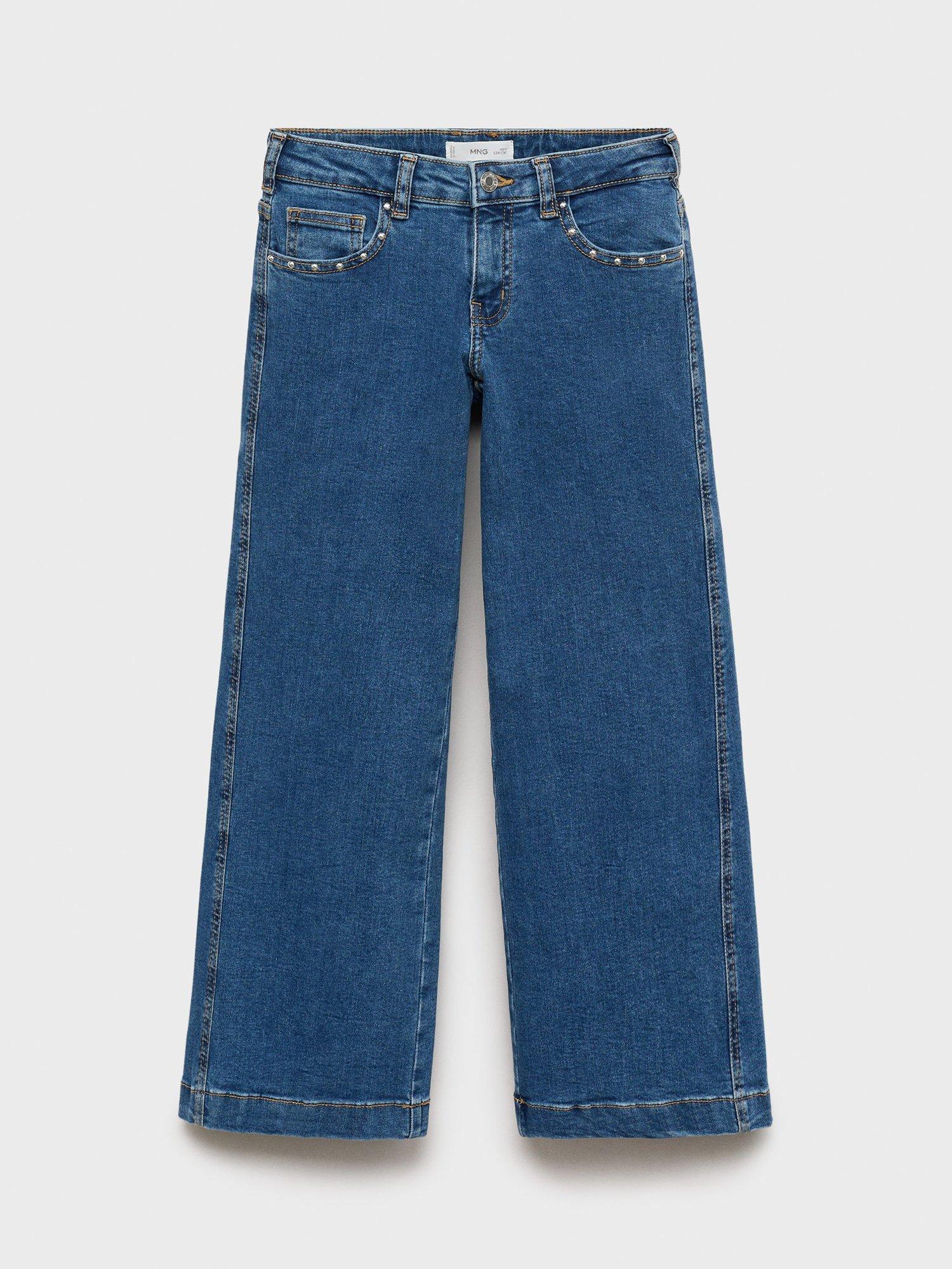 Product image 2 of 5, which shows Mango Kids' Low Rise Wide Leg Studded Jeans, Open Blue, 10 years