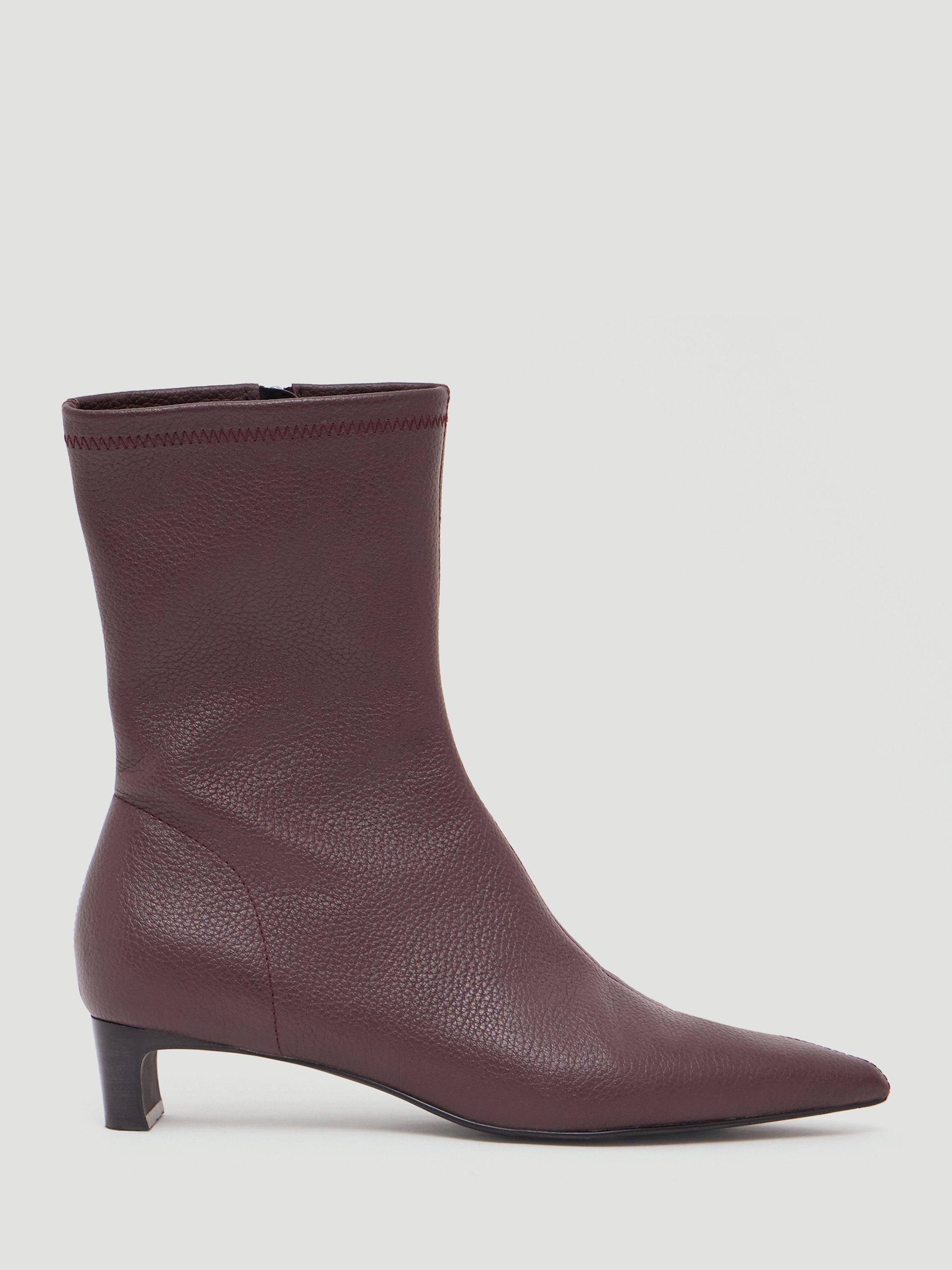 Product image 1 of 5, which shows HUSH Leather Sock Heeled Boots, Wine Red, 6