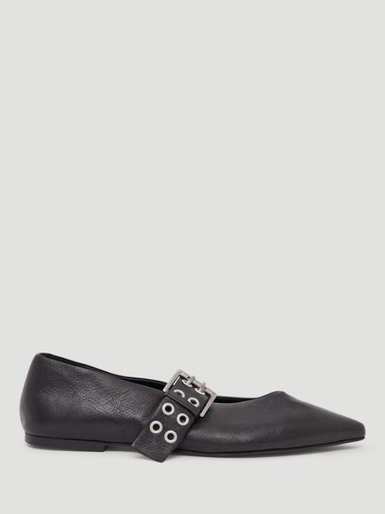 HUSH Buckle Pointed Flat Shoes, Black, Black