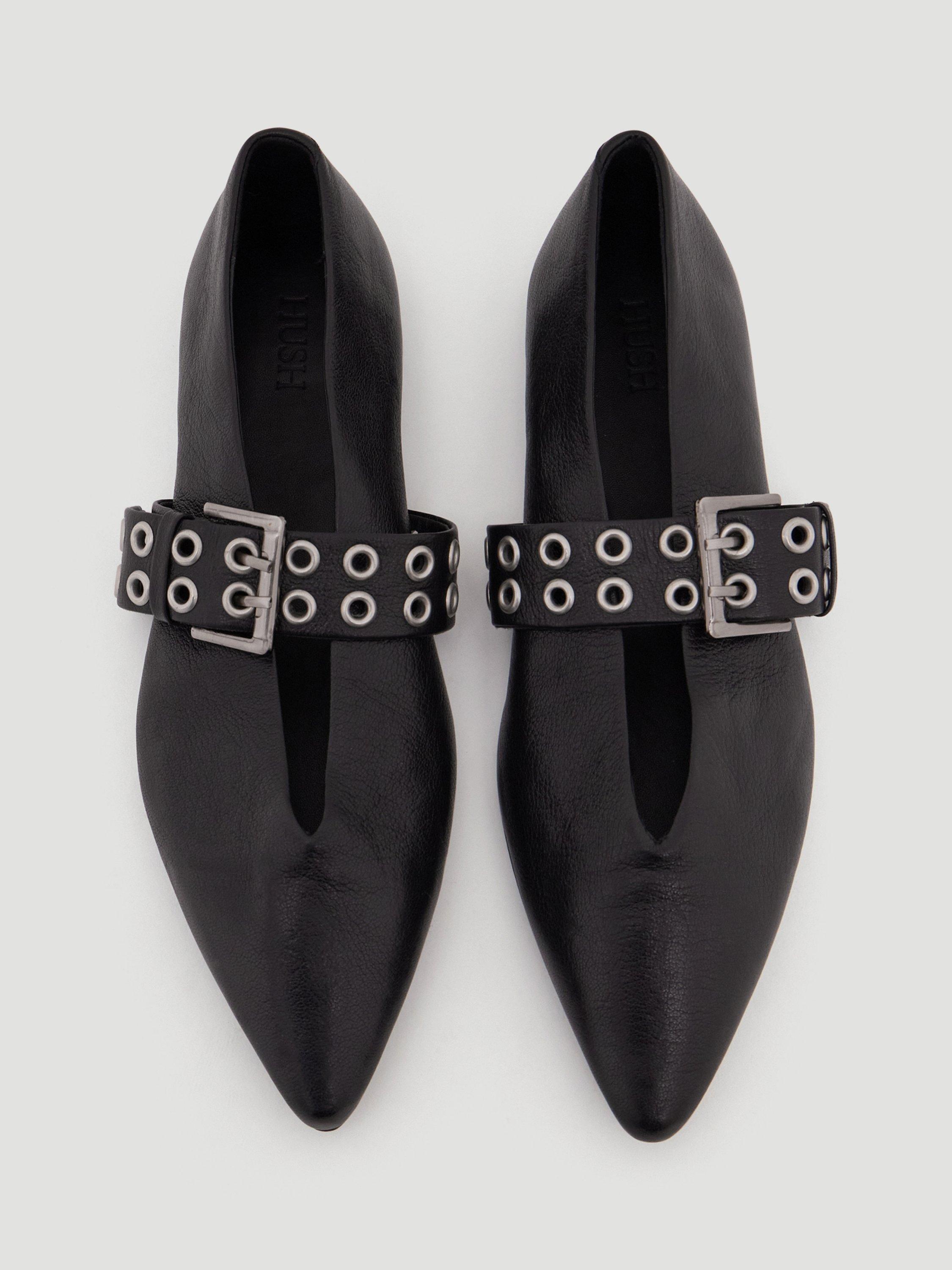Product image 2 of 5, which shows HUSH Buckle Pointed Flat Shoes, Black, 3