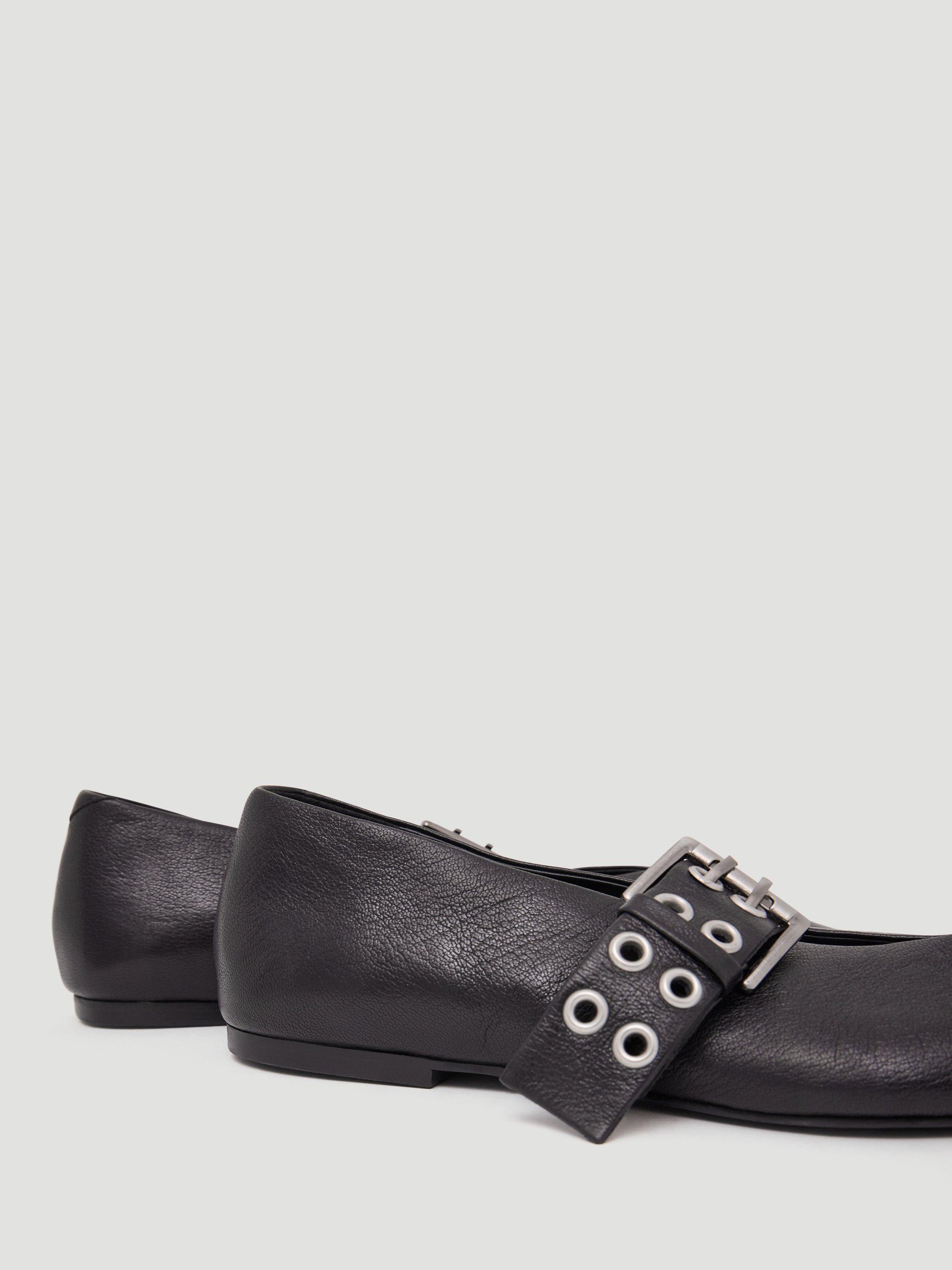 Product image 3 of 5, which shows HUSH Buckle Pointed Flat Shoes, Black, 3