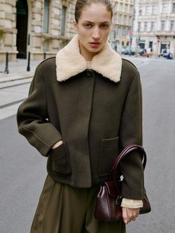 Mango Mus Shearling Collar Jacket, Khaki
