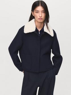 Mango Mus Shearling Collar Jacket, Navy