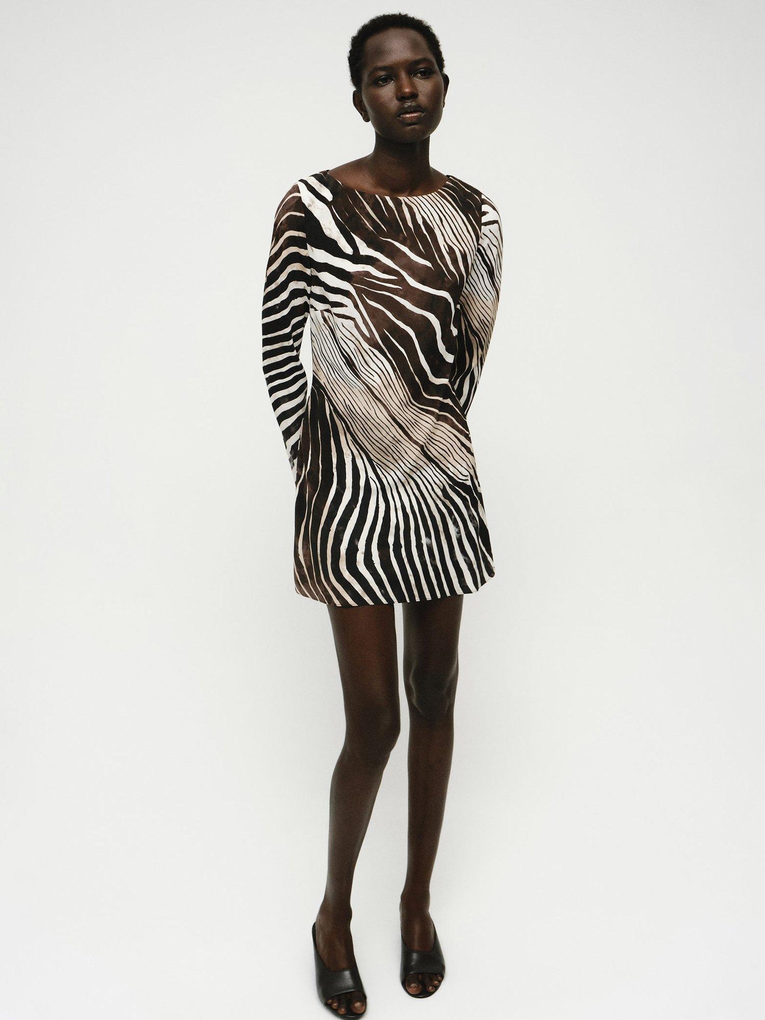 Product image 1 of 8, which shows Mango Alegra Zebra Print Mini Dress, Black, 4